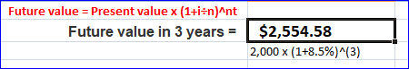 Future value = Present value X (1+i=n)^nt Future value in 3 years = $2,554.58 2,000 X (1+8.5%)^(3)
