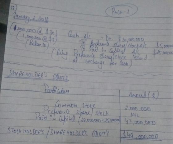 PAGE-2) January 2, 2018 (1,000,000 @ $30) (1,000,000 @ 85 I Balance Car ALL - Dr. $30,000,000 to preference shares stockA/L T