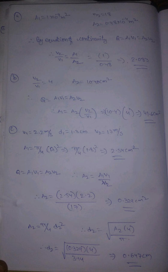 © Allx1042 = ng =18 Az= 0.48x10 m2 - By equation of continuity Q-AU FAZU V Vi AL AZ = ( -). 21083 048 - 0 _4 Az = 1040 m² Q=A