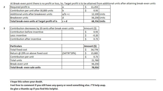 2 a b 0.93 At Break-even point there is no profit or loss, So, Target profit is to be attained from additional units after at