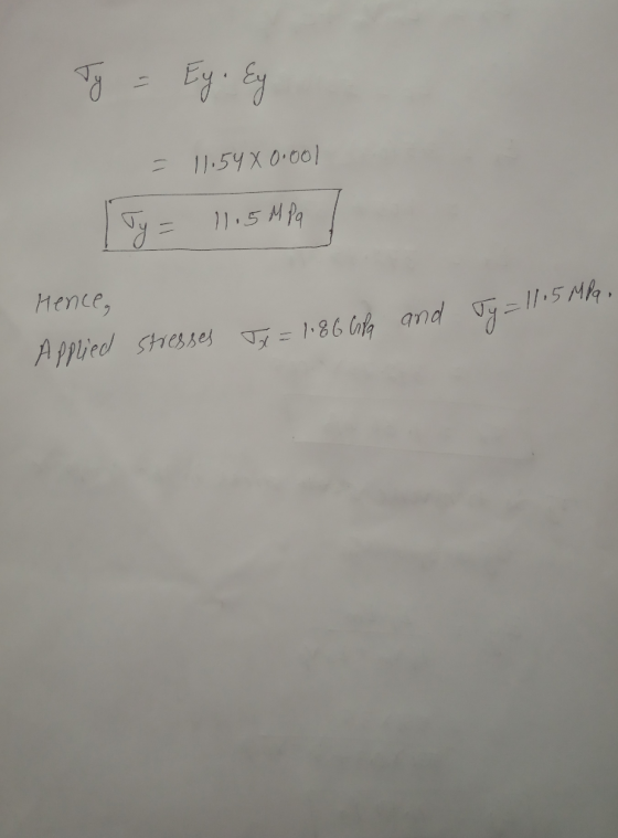 = Ey Ey = 11.54 X 0.001 Ty = 11.5 MP 7 Hence, and Ty=1lish Tx = 1.86 Cola Applied stresses