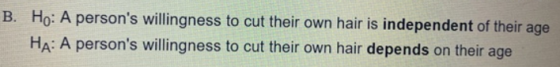B. Ho: A persons willingness to cut their own hair is independent of their age HA: A persons willingness to cut their own h