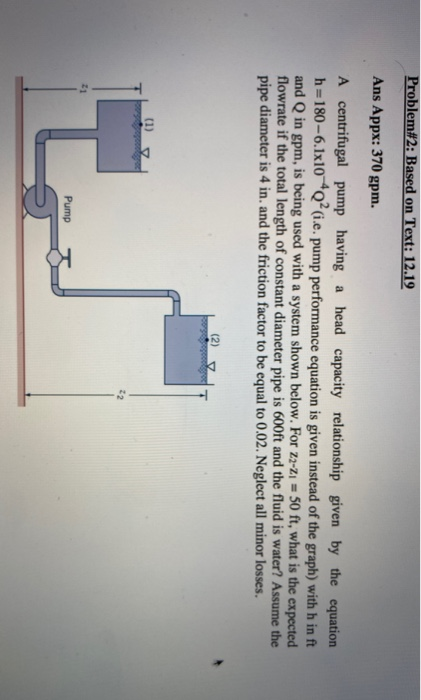 Problem#2: Based on Text: 12.19 Ans Appx: 370 gpm. A centrifugal pump having a head capacity relationship given by the equati