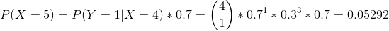 P(X = 5) = P(Y = 1 | X = 4) * 0.7 = \binom{4}{1} * 0.7^1 * 0.3^3 * 0.7 = 0.05292
