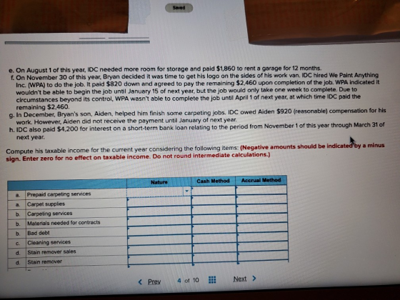 Saved e. On August 1 of this year, IDC needed more room for storage and paid $1,860 to rent a garage for 12 months. f. On Nov
