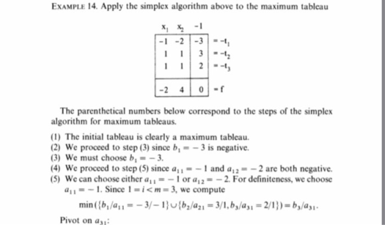 EXAMPLE 14. Apply the simplex algorithm above to the maximum tableau -1-2 1 1 1 1 -3 3 2 -240-f The parenthetical numbers bel