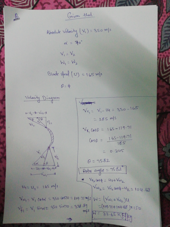 Griven that Absolute Velocity (V.) = 350m/s 2 = 90° V. = V₂ W, = W₂ Blade speed (U) = 165 m/s 0=0 Velocity Dia ram - 4 * Viz