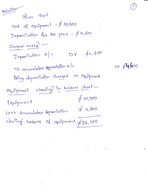 Solution! Given that cost of equipment - $ 30,900 Depaecicelion for the year = $$ 4,600 Journal entay or $49,600 Depreciation