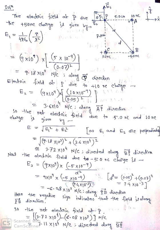 T 5.0cm lonc ----7A t *hone Chevige is given hu Zn 5.one... -5.one soln . The electric field at P due lore. the thone charge