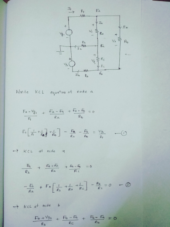 긔 Ra Fh Ic fo -1He kc L equation at node a 2 Ra KCL at node R2 Ra Rc → kcL at no de b Rc Rb R3