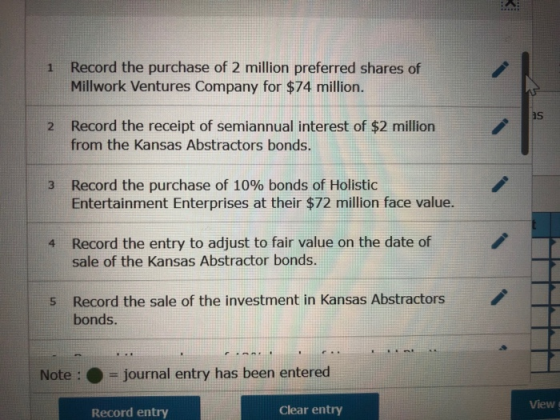 1 Record the purchase of 2 million preferred shares of Millwork Ventures Company for $74 million. 2 Record the receipt of sem