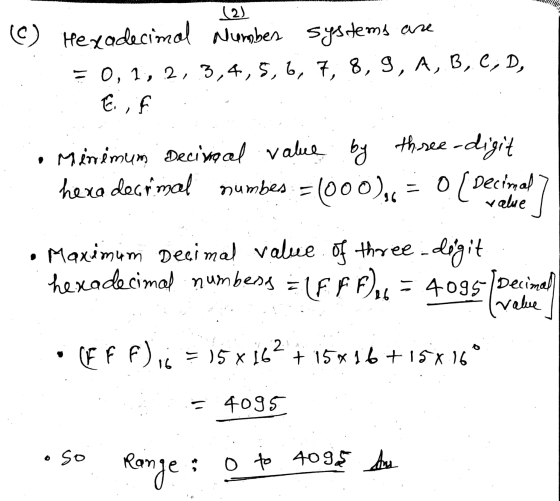 (2) ( Hexadecimal Number systems are = 0, 1, 2, 3,4,5,6, 7, 8, 9, A, B, C, D, E., Minimum Decivocal value by three-digit hexa