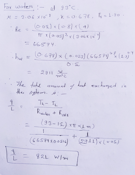 For water :- at 93°C. M = 3.06410-y ,k=0.678, Po=1.90. be - (0.05) (0.87X(4) t x(0.05)?x (3.06x10Y) 66.574. chw = 0.678) * (0