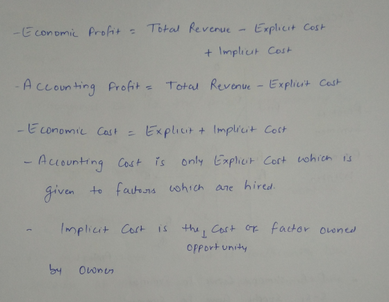 -Economic Profit - Cost Total Revenue – Explicit + Implicit Cost - Accounting Profit - Total Revenue - Explicit Cost - Econom