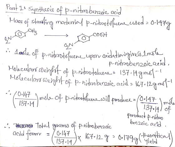 ON i Aradle of prnitorato fuer Part 1: Synthesis of p-nitrobenzoic acid Mass of starating matemial p-nitrotofuene used > 0.14