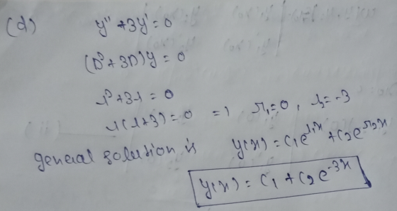 (d) y +3y=0 (8230)4 = 0 p+34 = 0 u(423) = 0 = 9,00, h = 3 geneal solution is yenga coolin Argeston Yenga Citroen