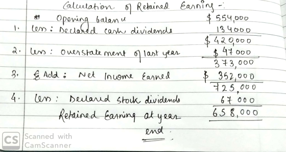 • les: Calculation of Retained Opening balan u Declared cash dividends 2. en overstate ment of last year earning - $ 554,000