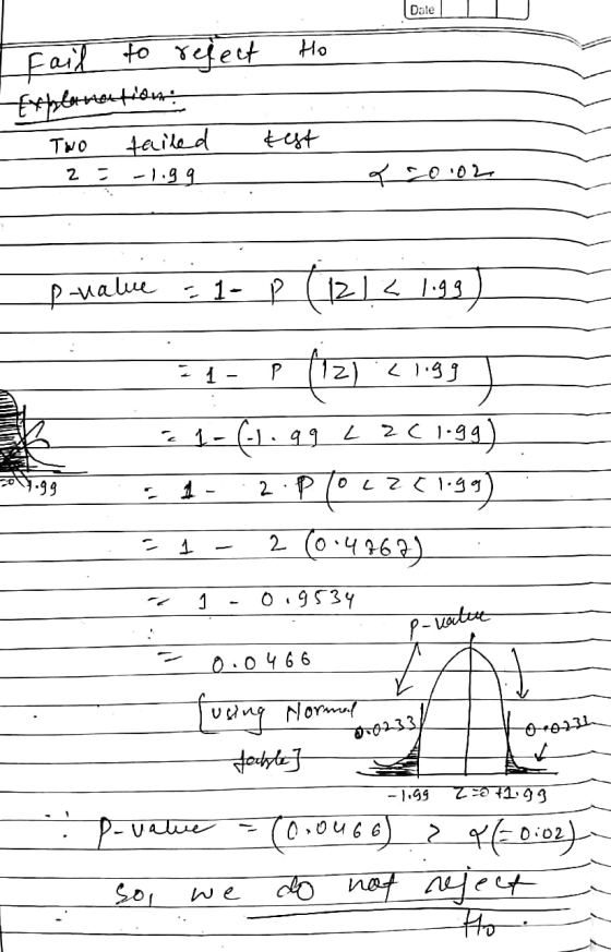 Dale Ho fail to reject Explanation: tailed Two test 2 -1.99 Y_2002 El Р pualue = 1- P 1- p (12) < 1.93 (12) 1 1-6.1.99 2C 1.9