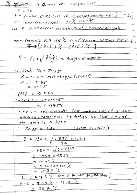 solution -> Given the infogmation no38 Ø - samole creati as of increased goowth -52% =0,52 Ce contidence level = 95% =Oo95 La