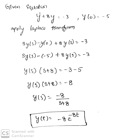 Given Equation - Yt8y = -3 ,Y(0)=-5 apply laplace toarsform syls)-ylo) + 8y (5) = -3 syls)-(-5) +8 413)--3 y(s) (5+8)=-3-5 y