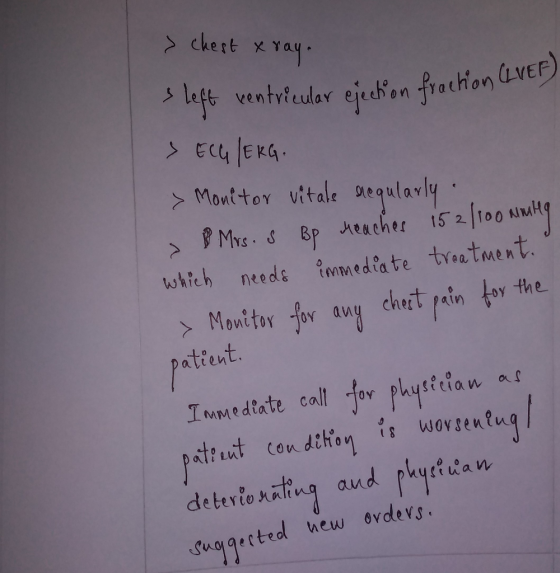 chert ay left ventrieular ejechon frothion (LVEP) EC4EKG Monitor vitale eqularly MYs. SBP teaches 15 2100 which needs immedia