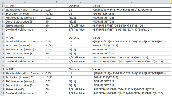 Outputs d1 0.15 =1/12 0.02 N(1) N(2) B/S call Price B/S Put Price Value =(LN(B5/B6)+(B4-B7+0.5*B2^2) *B3)/(B2*SQRT(B3)) =D2-B