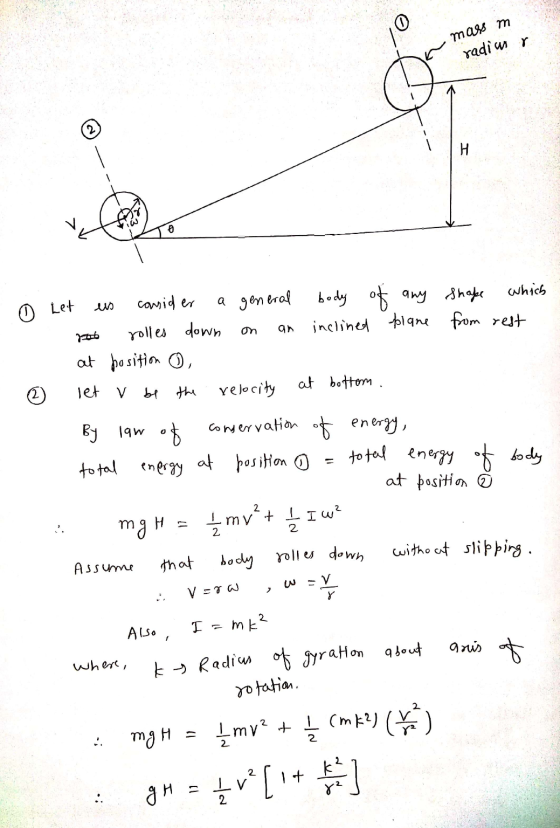 mass m radimir H 0 © Let on an consider a general body of any shape which rolles down inclined plane from rest at position og