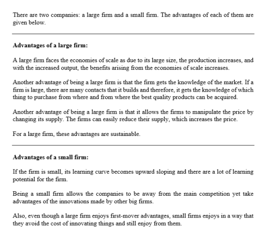 There are two companies: a large firm and a small firm. The advantages of each of them are given below. Advantages of a large