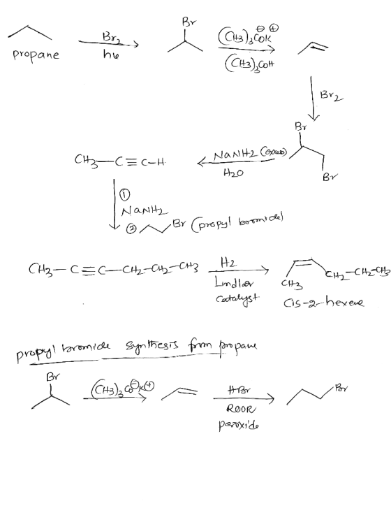Br> hre propane Cas)Cot Bry BY CH2CCH NaNH2 COpa NaN Br propy mide) H2 C2- CECC2CC TH Lndla CH2 Catagst Cs-2-hexeve Syn hessf