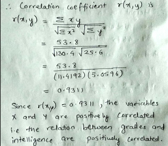 » Correlation wefficient rla,y) is VEz? 53.8 √130. 4 √25.6 53.8 (1):4192) (5,0596) = 0.931) Since r(wy) -0.9311 , the variceb