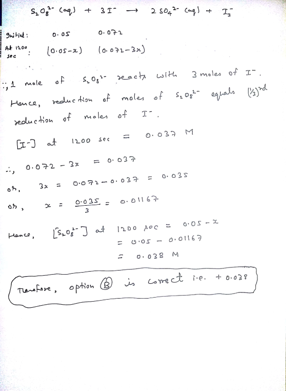 S₂ Og² (aq) + 31 → 25042- Cong) & I guitial: At 1200 1200: 0.05 10.05-2) 0.072 10.072–3x) I. 1 with 3 moles of mole of S. Og