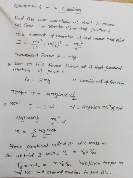 Question- 4 – Solution Rod AB are constrain at point B means not free to sotate from top position B. I= moment of Innertia of