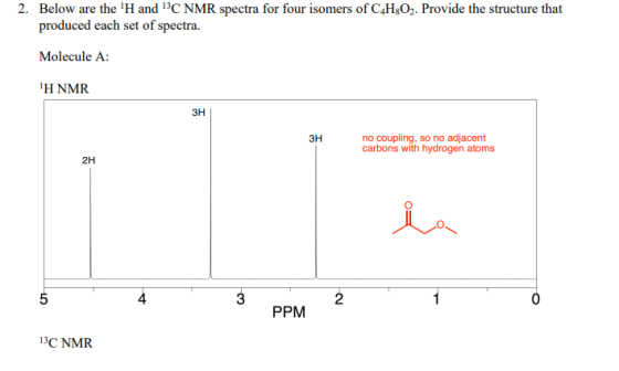 2. Below are the H and 13C NMR spectra for four isomers of C&H:02. Provide the structure that produced each set of spectra.