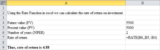 5500 5000 2 Using the Rate Function in excel we can calculate the rate of return on investment 3 4 Future value (FV) 5 Presen