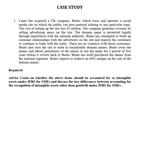 CASE STUDY 1. Canto has acquired a UK company, Bento, which owns and operates a social media site on which the public can pos
