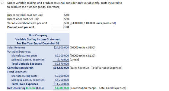 1) Under variable costing, unit product cost shall consider only variable mfg. costs incurred to to produce the number goods.