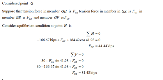 Considered point G Suppose that tension force in member GH is FGH tension force in member in GA is Fe n member GB is F and me