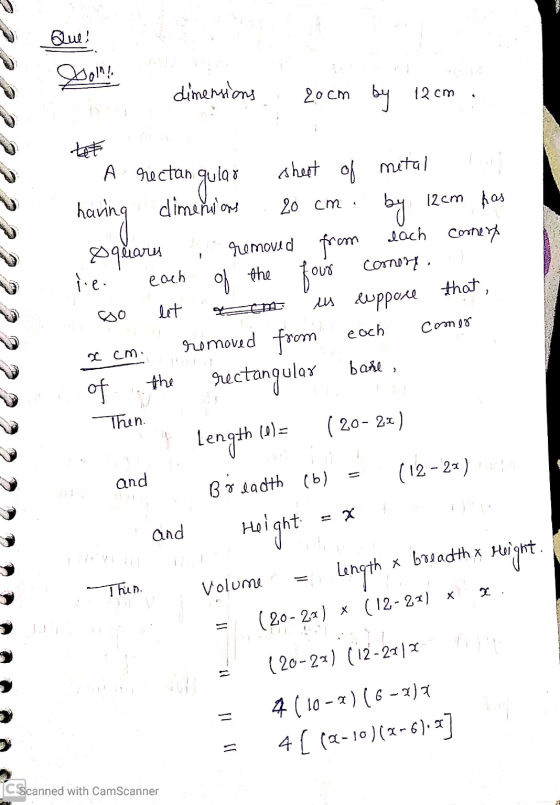 Que! dimensions 2o cm by 12 cm A rectangulas having by sheet of metal dimensions 20 cm: 12cm has Squares removed from lach Co