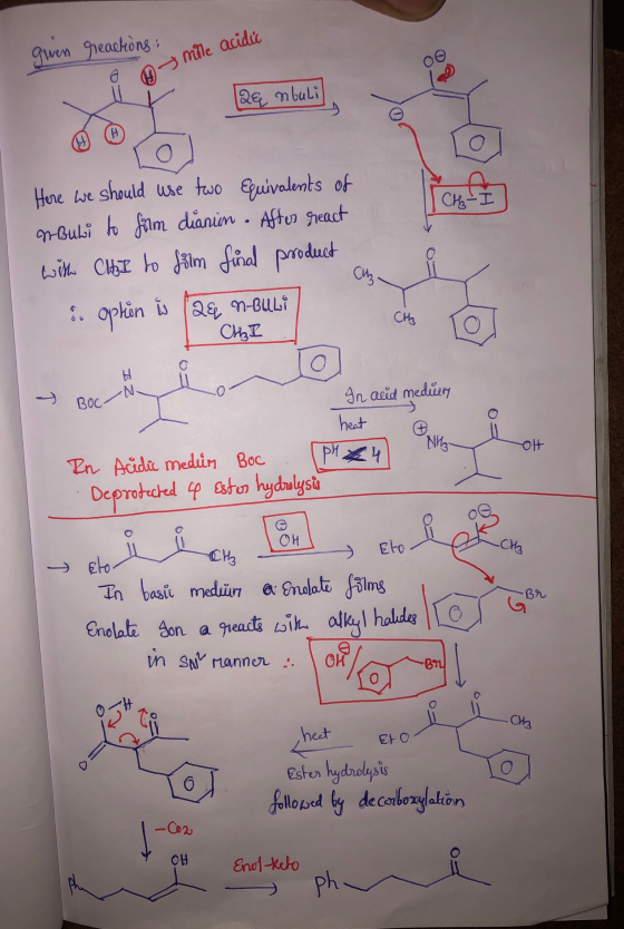 gwen reactions Mile acidic i 12& nbuli CHI Here we should use two Equivalents of n-Bubi to film dianion. After react with Chi