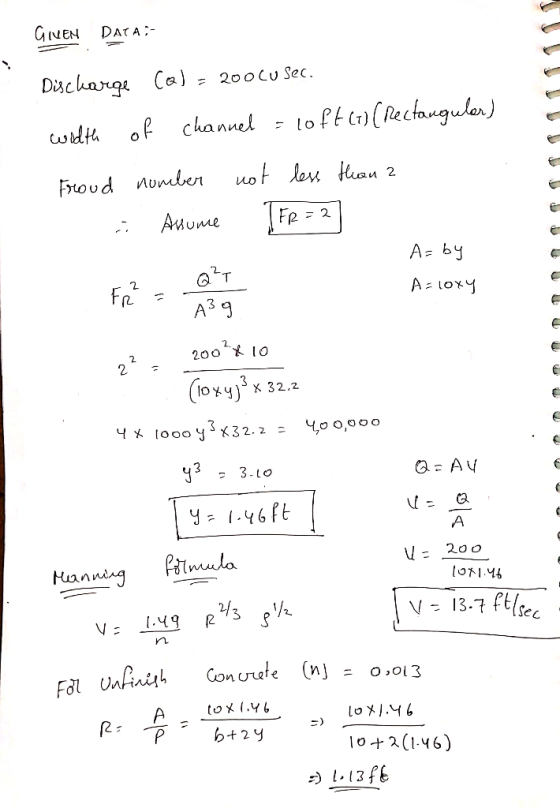 GIVEN DATA:- Discharge col = 200 Cu Sec. width of channel = loft() (Rectangular) Froud number not less than a . Alsome TFR =