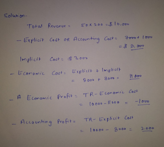 solution- Total Revenue = 50x200 = $10,000 7ooot loool - Explicit Cost or Accounting Cost = = 8, Implicit Cost - $ 3000 - Eco