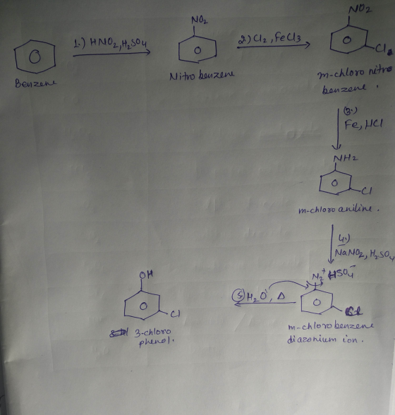 NO2 NO₂ 1.) HNO2, H₂ Sou 2) Cl₂, FeCl3 olce Nitro benzene m-chloro nitro Benzone benzene Fe, HCl NH2 loha m-chloro aniline. 4