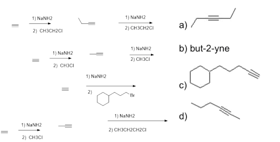 = 1) NaNH 1) NaNH2 = 1) NaNH2 2) CH3CH2CI Nam a) = 2) CH3CH2CI 1) NaNH2 b) but-2-yne 1) NaNH2 2) CH3CI 2) CH3CI 1) NaNH2 MB 1