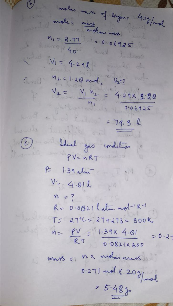molar mans of Argon= molemas olen mars 40g/mol n=2.17 -0.069.25 Vi= 4.290. 125 1.28 mol V₂ = V, n reds of ? ou = 4.29x 9.28 n