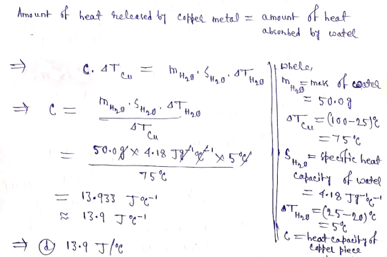 Amount of heat released by copper metal I amount of heat absorbed by watel ere, → C. At cu = WHO! SHO! A Tree mo mass of cou