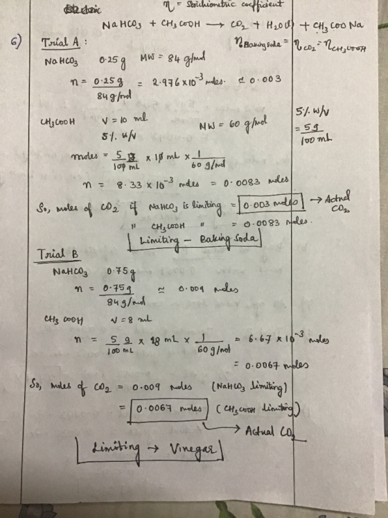 100 ml Badanic - Stoichiometric coefficient NaHCO3 + CH₃COOH - CO₂ + H₂00 + CH₂ coo Na Trial A Alaking soda = /2 coz Ner2000
