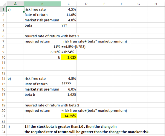 FF F G risk free rate Rate of return market risk premium beta 4.5% 11.0% 4.0% ??? reuired rate of return with beta 2 required
