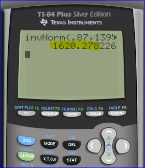 TI-84 Plus Silver Edition TEXAS INSTRUMENTS invNormc.87: 139! 1620.278226 STAT PLOTF1 TBLSET F2 FORMAT F3 CALC 54 WINDOW ZOOM