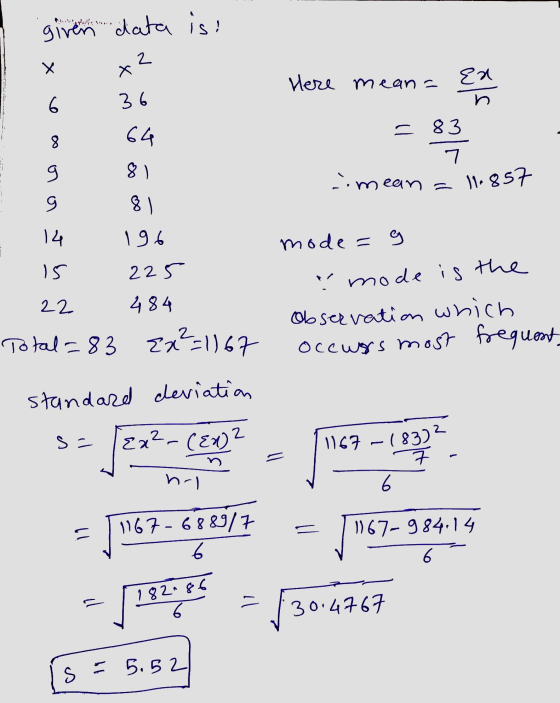 given data is: 2 X x2 Here meana Ea 6 36 = 83 8 64 Lo 8) imean = 7 11.857 ! 81 14 196 15 225 22 484 Total =83 EX2=1167 mode=g