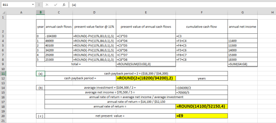 B11 в с H year annual cash flows present value factor @ 11% present value of annual cash flows cumulative cash flow annual ne
